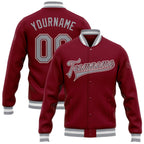 Custom Crimson Gray-White Bomber Full-Snap Varsity Letterman Jacket photo 1