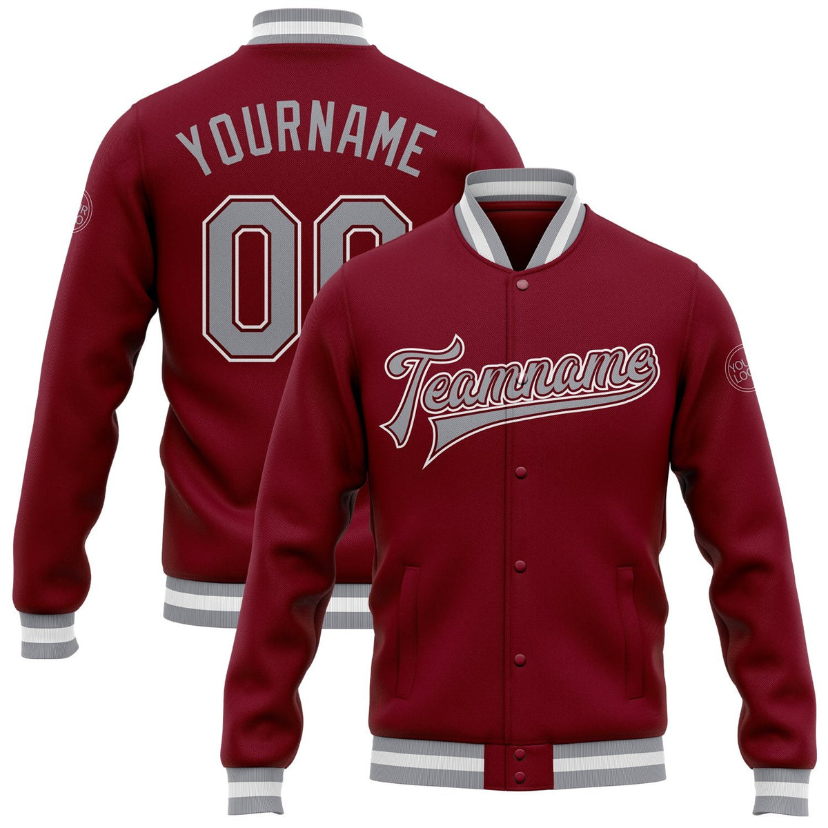 Custom Crimson Gray-White Bomber Full-Snap Varsity Letterman Jacket photo 1