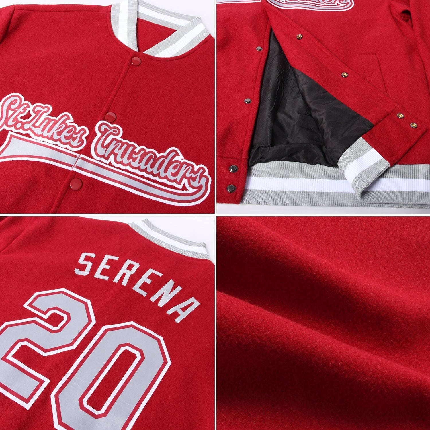 Custom Crimson Gray-White Bomber Full-Snap Varsity Letterman Jacket photo 4