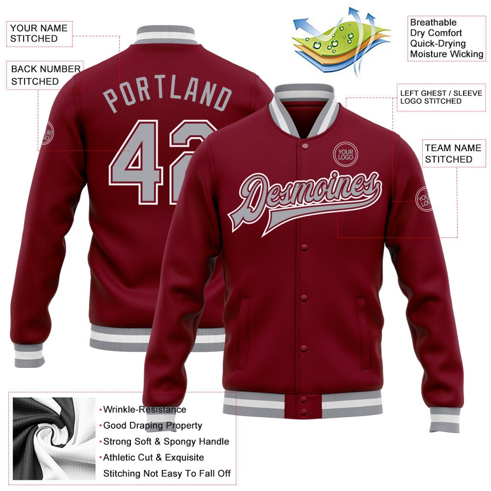 Custom Crimson Gray-White Bomber Full-Snap Varsity Letterman Jacket photo 5