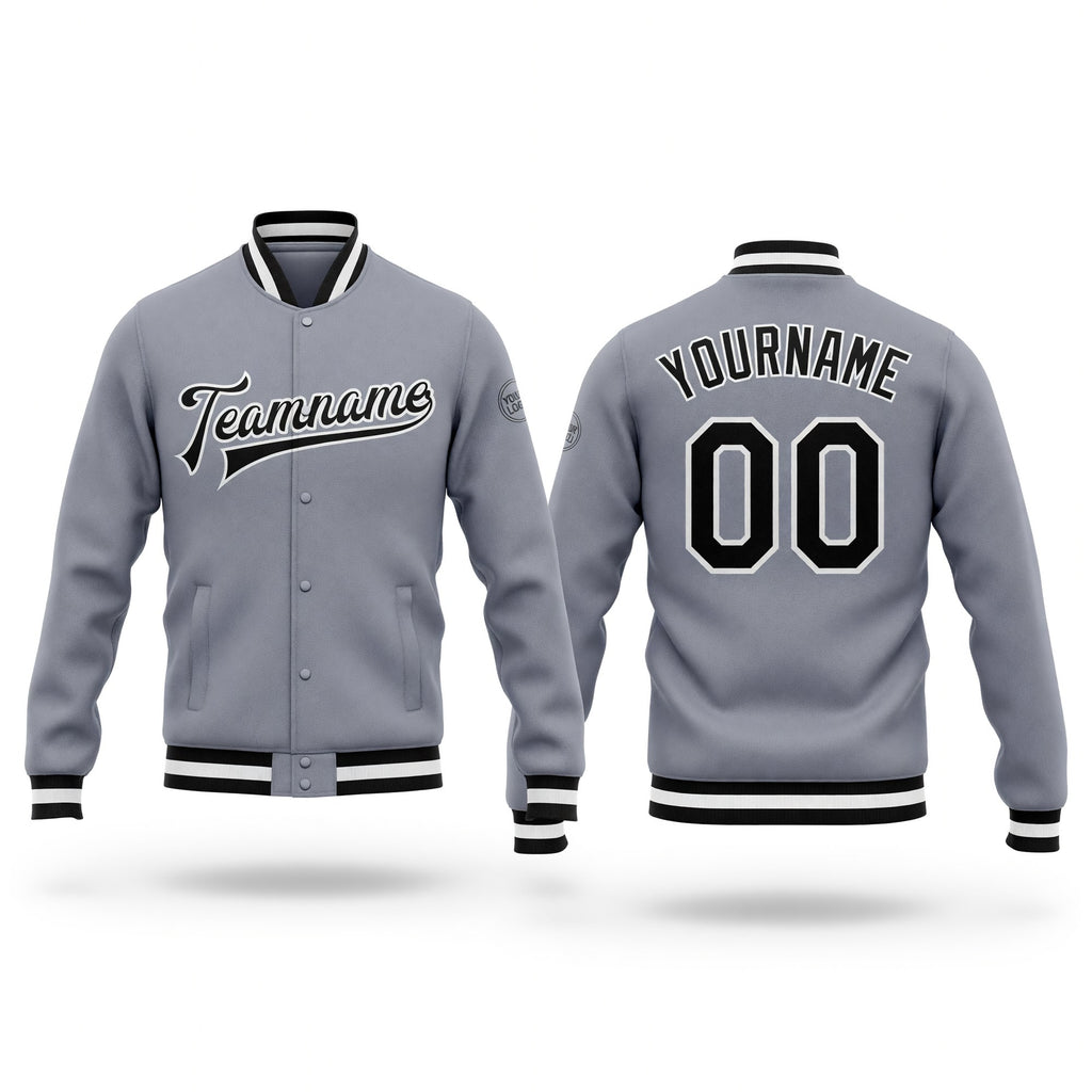 Custom Gray Black-White Bomber Full-Snap Varsity Letterman Jacket