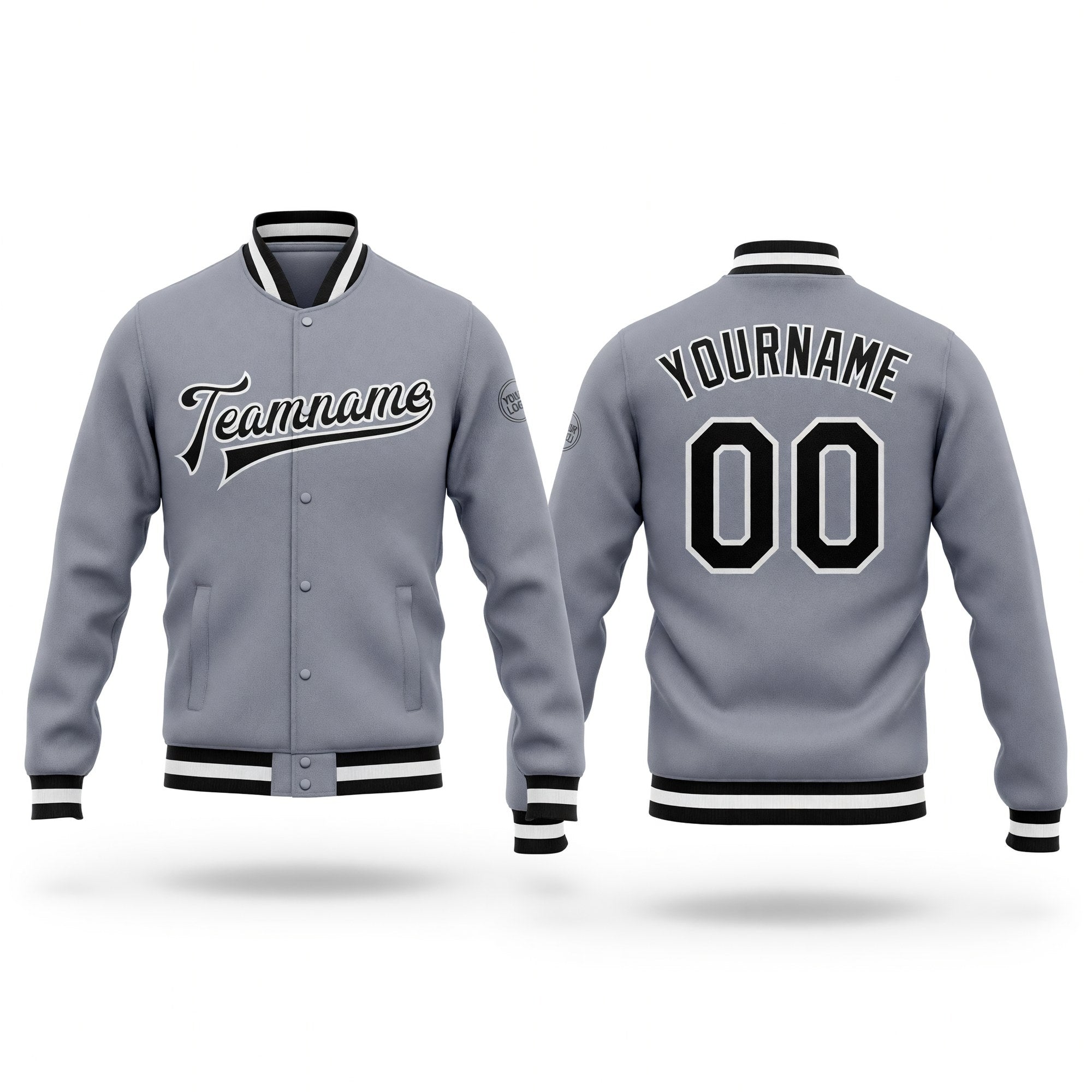 Custom Gray Black-White Bomber Full-Snap Varsity Letterman Jacket