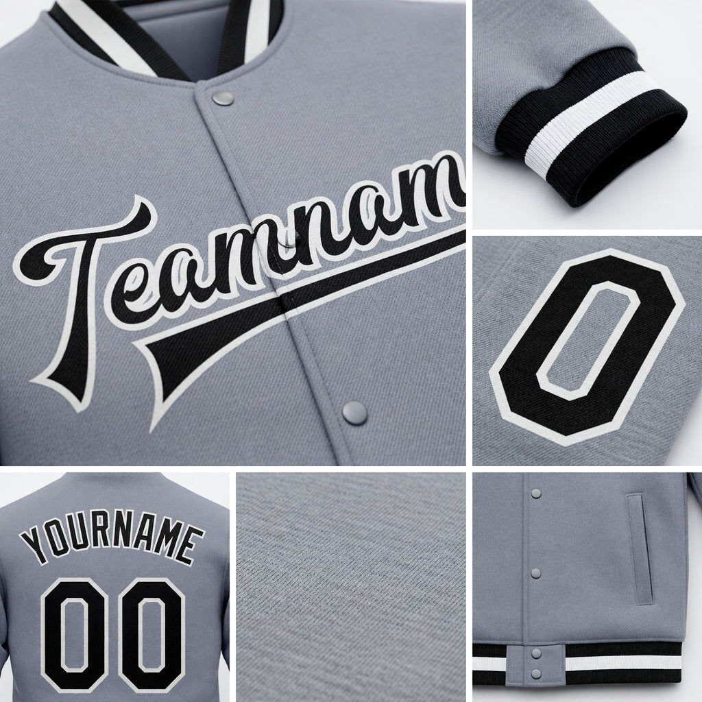 Custom Gray Black-White Bomber Full-Snap Varsity Letterman Jacket detail