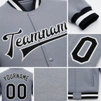 Custom Gray Black-White Bomber Full-Snap Varsity Letterman Jacket detail