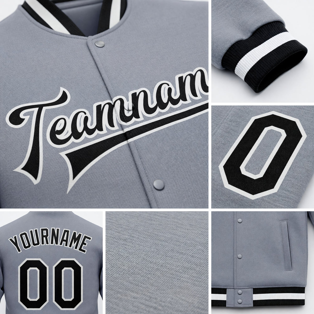 Custom Gray Black-White Bomber Full-Snap Varsity Letterman Jacket detail