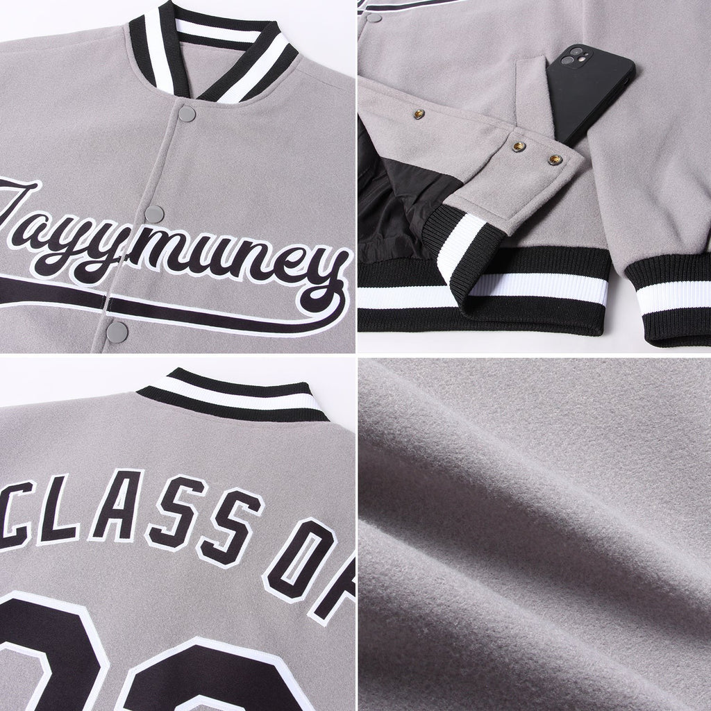 Custom Gray Black-White Bomber Full-Snap Varsity Letterman Jacket photo 4