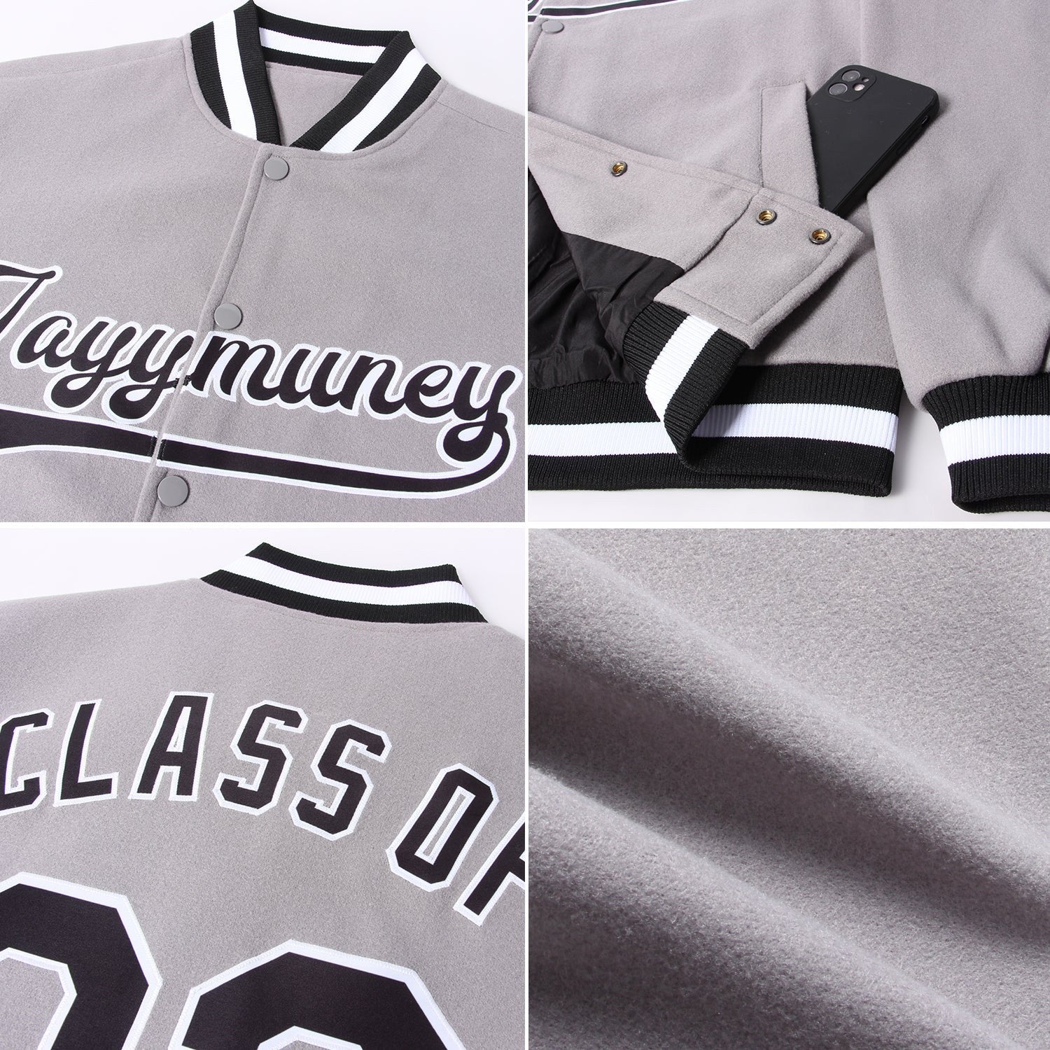 Custom Gray Black-White Bomber Full-Snap Varsity Letterman Jacket photo 4