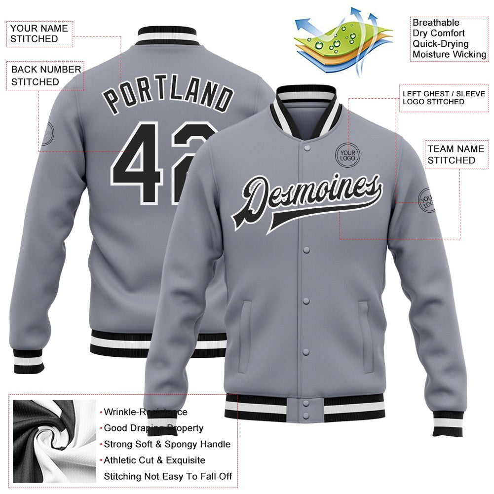 Custom Gray Black-White Bomber Full-Snap Varsity Letterman Jacket photo 5