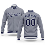Custom Gray Navy-White Bomber Full-Snap Varsity Letterman Jacket