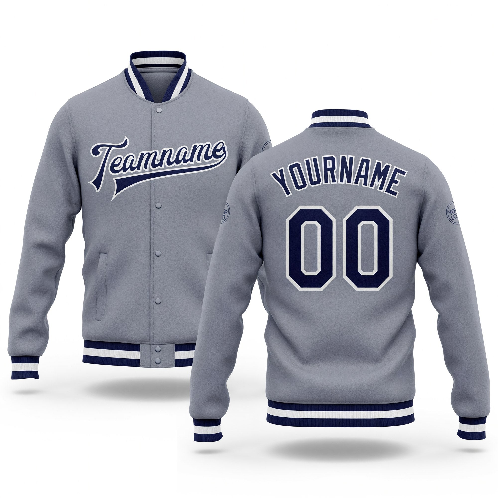 Custom Gray Navy-White Bomber Full-Snap Varsity Letterman Jacket