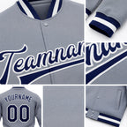 Custom Gray Navy-White Bomber Full-Snap Varsity Letterman Jacket detail