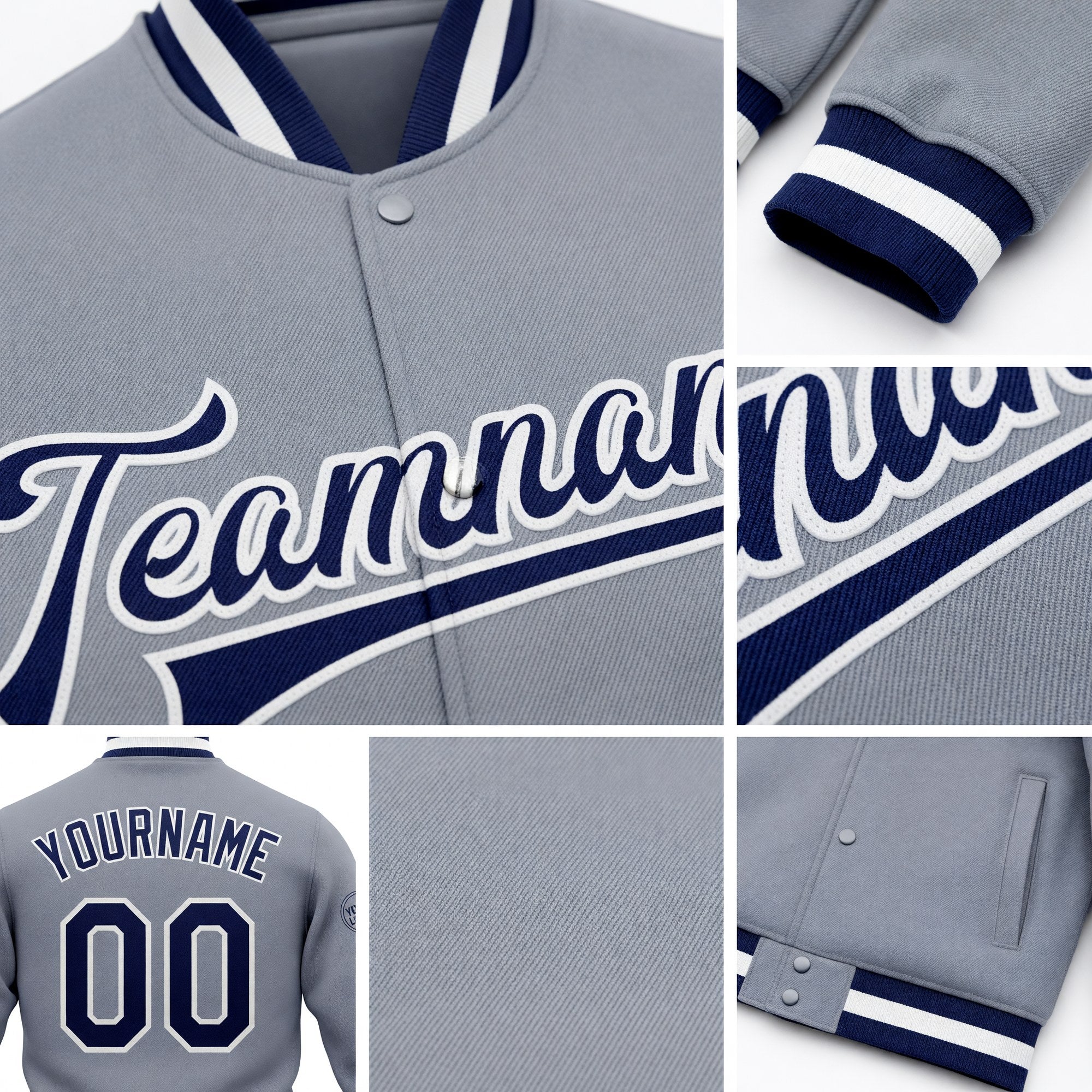 Custom Gray Navy-White Bomber Full-Snap Varsity Letterman Jacket detail