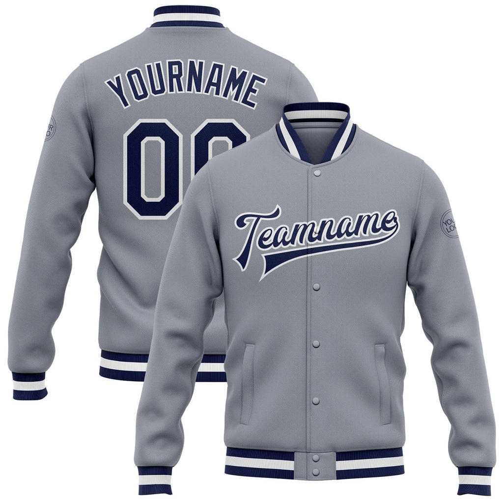 Custom Gray Navy-White Bomber Full-Snap Varsity Letterman Jacket photo 1