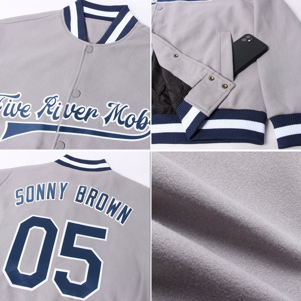 Custom Gray Navy-White Bomber Full-Snap Varsity Letterman Jacket photo 4