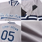 Custom Gray Navy-White Bomber Full-Snap Varsity Letterman Jacket photo 4