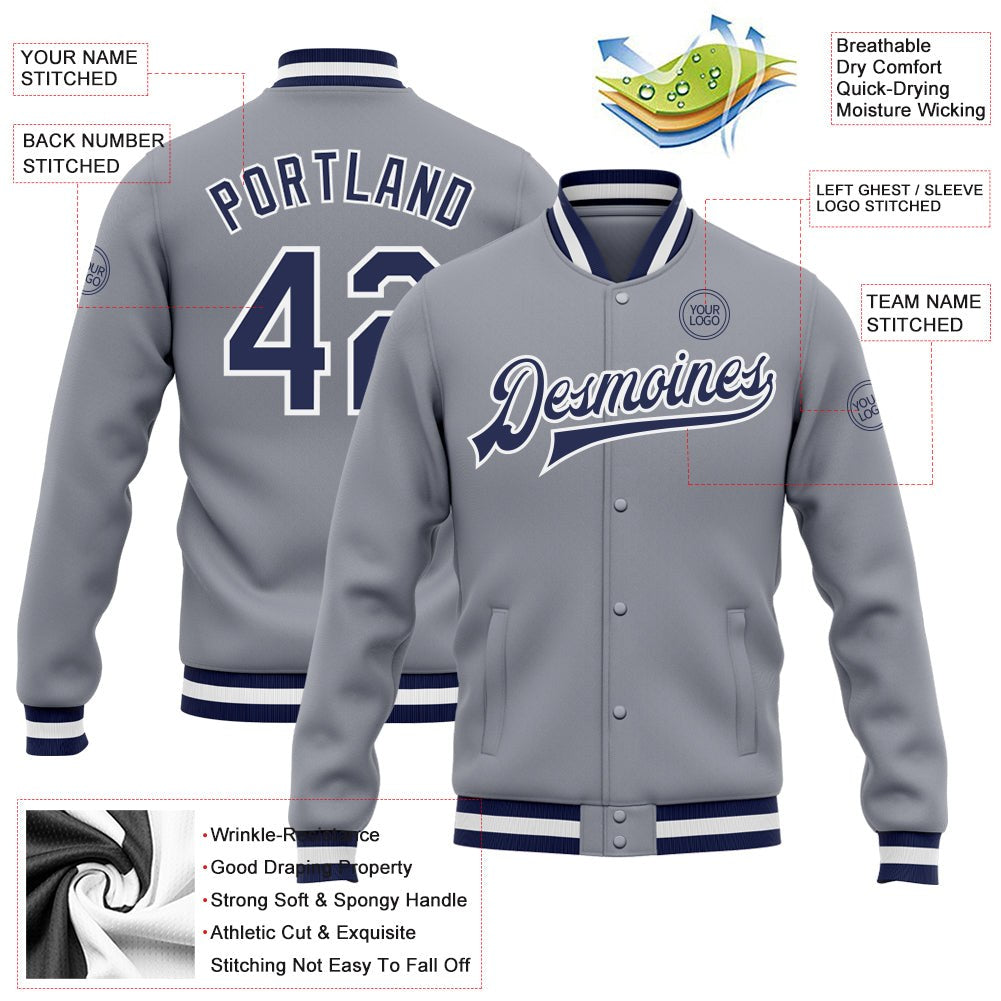 Custom Gray Navy-White Bomber Full-Snap Varsity Letterman Jacket photo 5