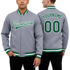 Custom Gray Kelly Green-White Bomber Full-Snap Varsity Letterman Jacket worn front and back