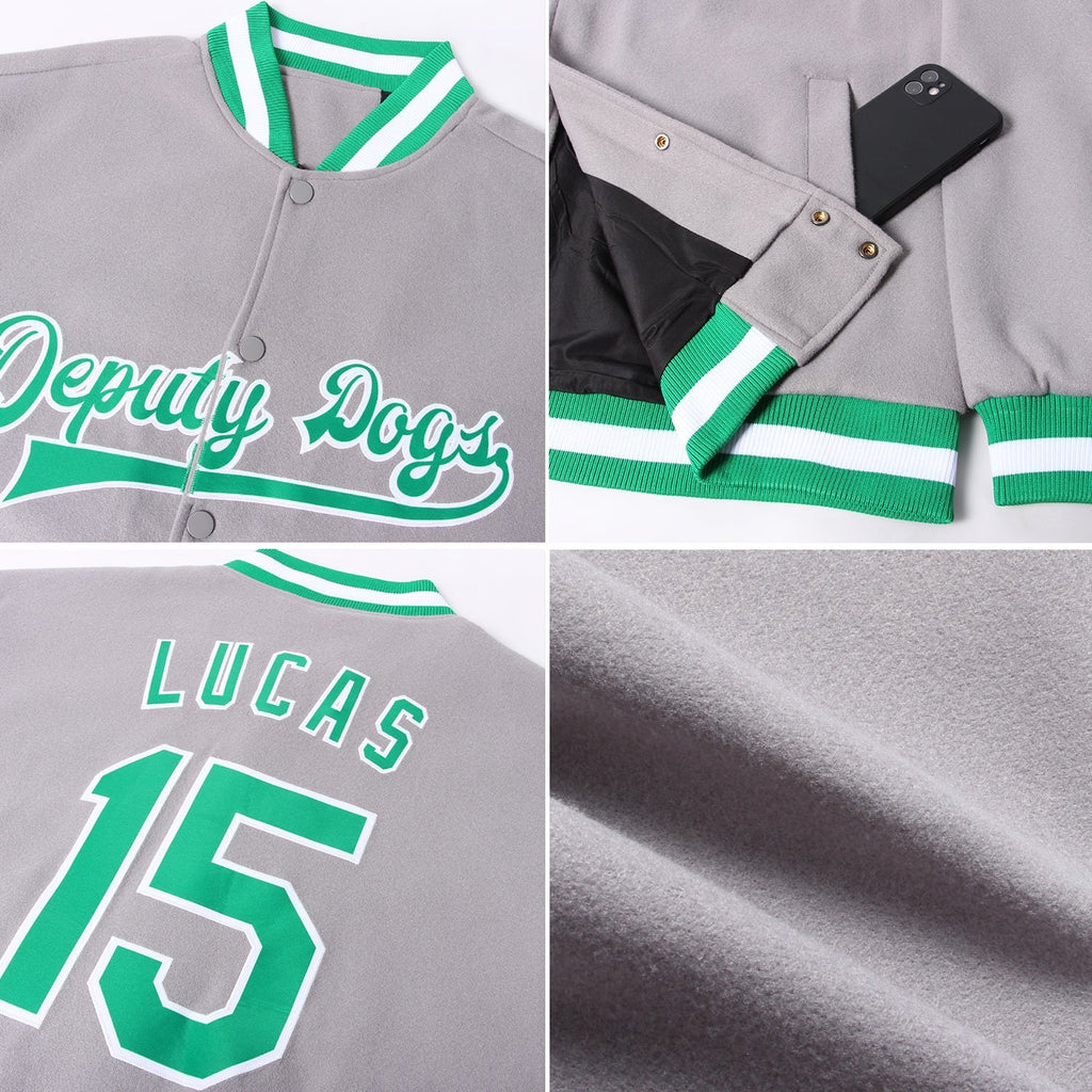 Custom Gray Kelly Green-White Bomber Full-Snap Varsity Letterman Jacket photo 4