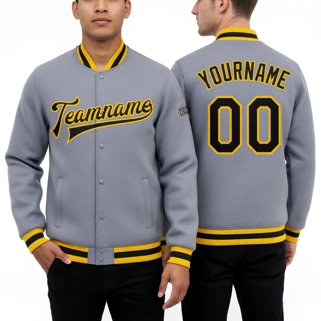 Custom Gray Black-Gold Bomber Full-Snap Varsity Letterman Jacket worn front and back