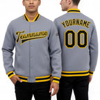 Custom Gray Black-Gold Bomber Full-Snap Varsity Letterman Jacket worn front and back