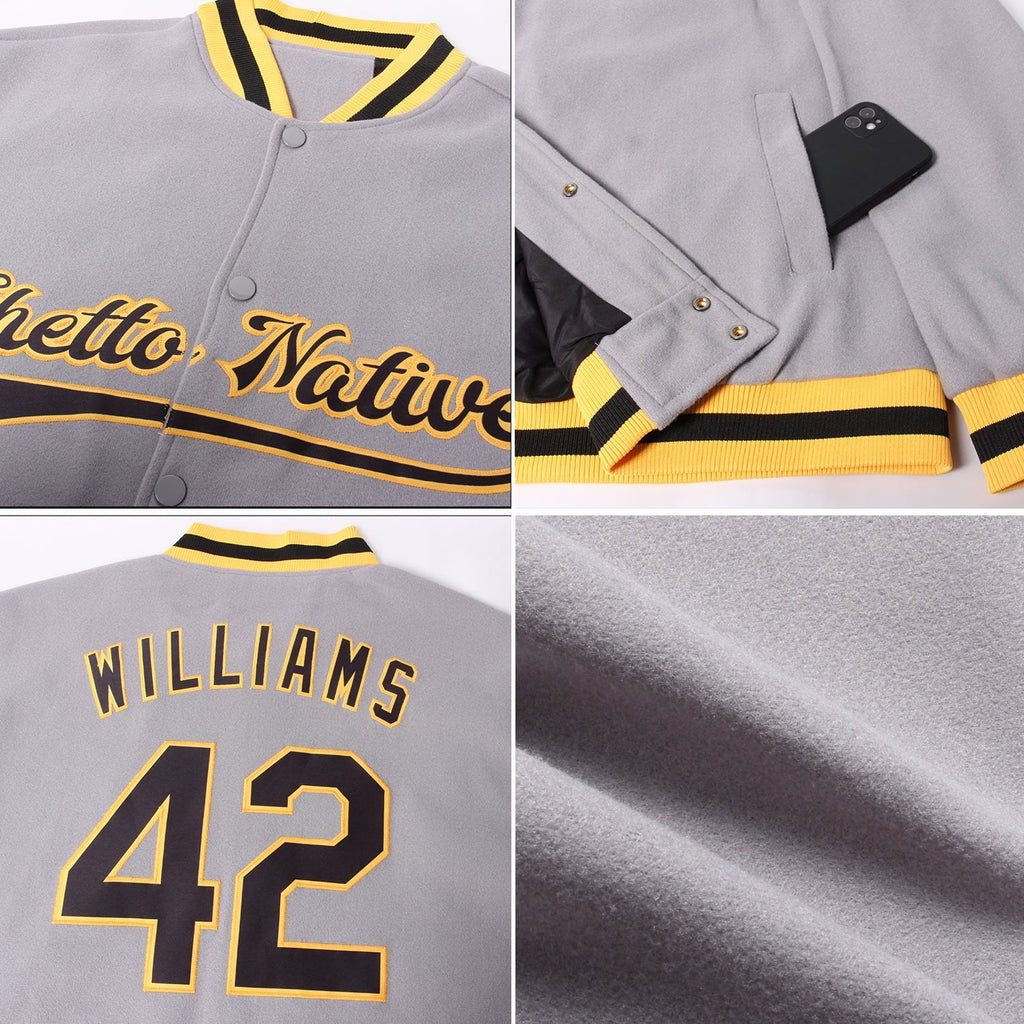 Custom Gray Black-Gold Bomber Full-Snap Varsity Letterman Jacket photo 4
