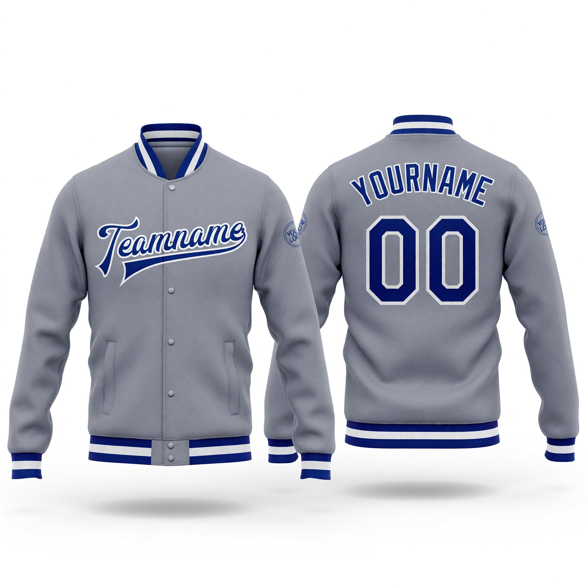 Custom Gray Royal-White Bomber Full-Snap Varsity Letterman Jacket