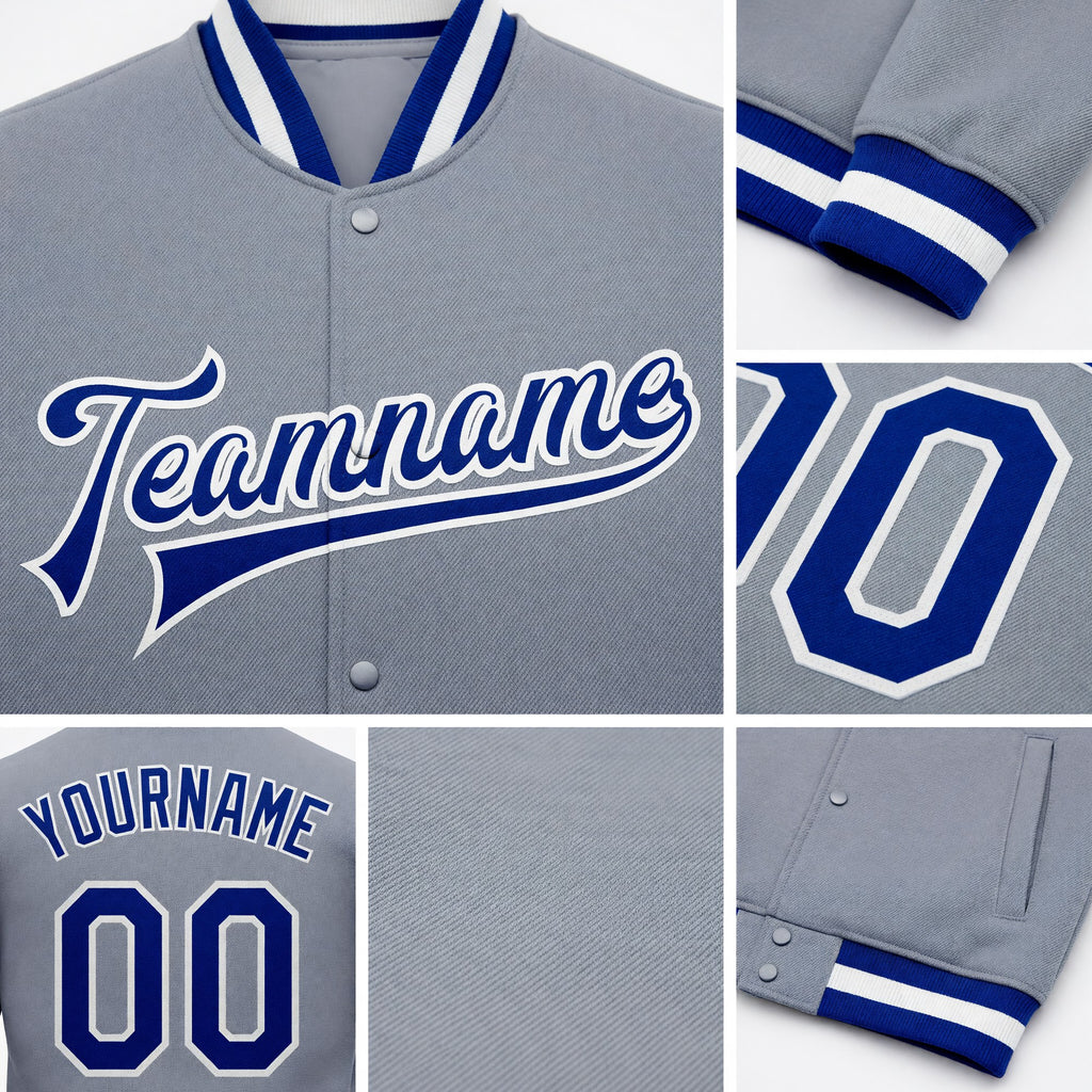 Custom Gray Royal-White Bomber Full-Snap Varsity Letterman Jacket detail
