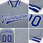 Custom Gray Royal-White Bomber Full-Snap Varsity Letterman Jacket detail