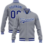 Custom Gray Royal-White Bomber Full-Snap Varsity Letterman Jacket photo 1