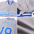 Custom Gray Royal-White Bomber Full-Snap Varsity Letterman Jacket photo 4