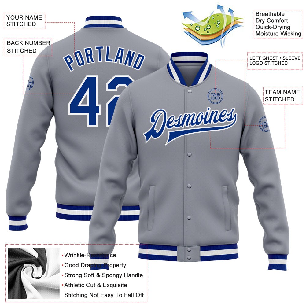 Custom Gray Royal-White Bomber Full-Snap Varsity Letterman Jacket photo 5