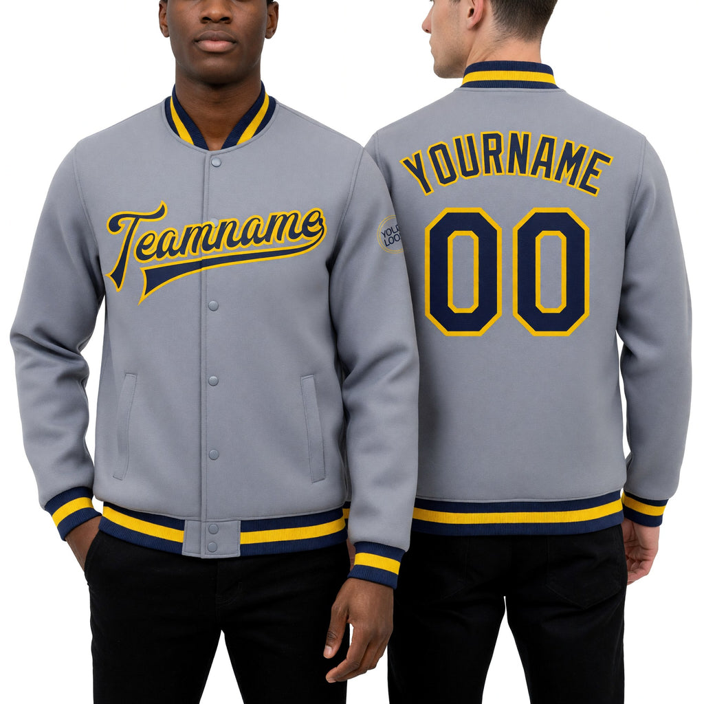 Custom Gray Navy-Gold Bomber Full-Snap Varsity Letterman Jacket worn front and back