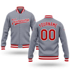 Custom Gray Red-White Bomber Full-Snap Varsity Letterman Jacket