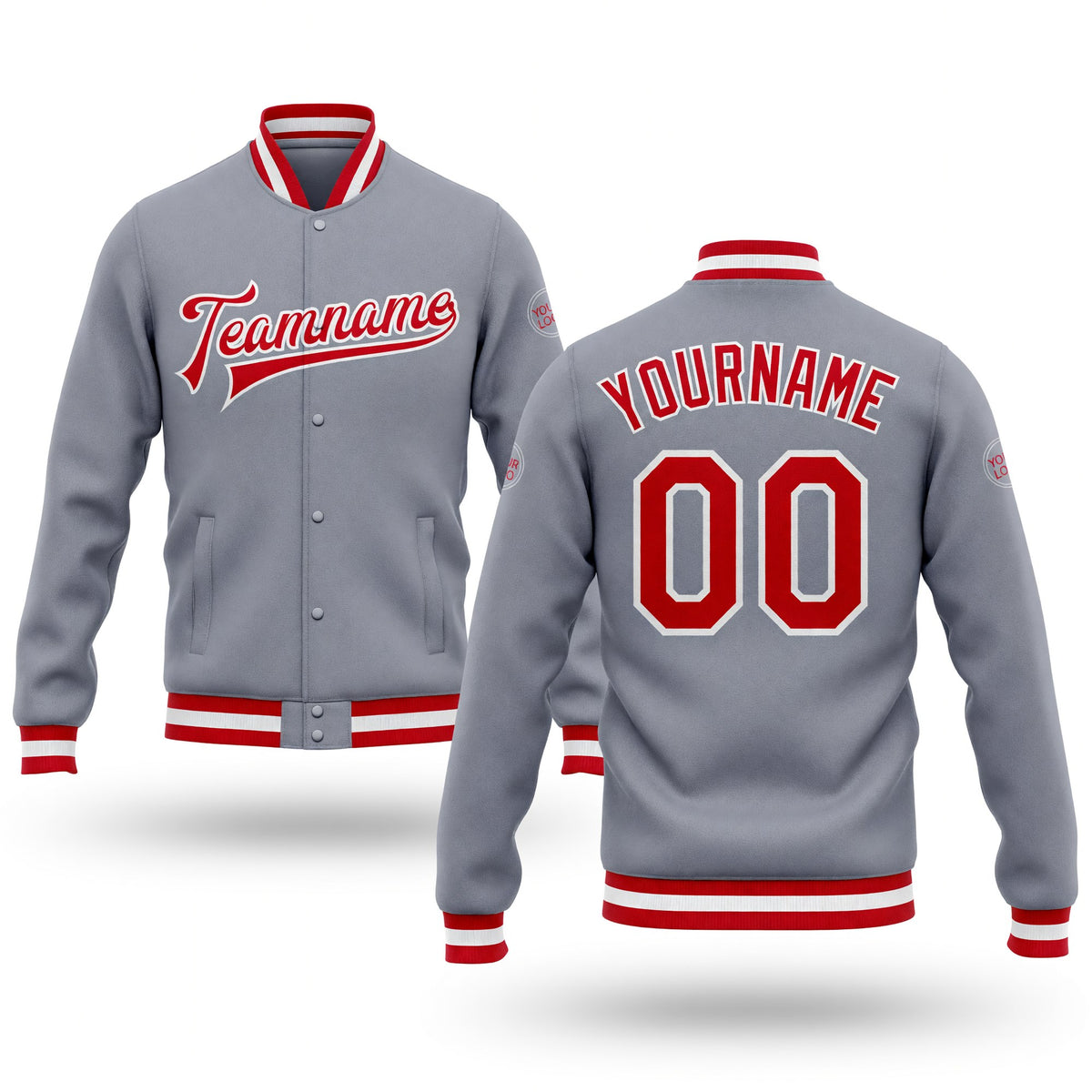 Custom Gray Red-White Bomber Full-Snap Varsity Letterman Jacket