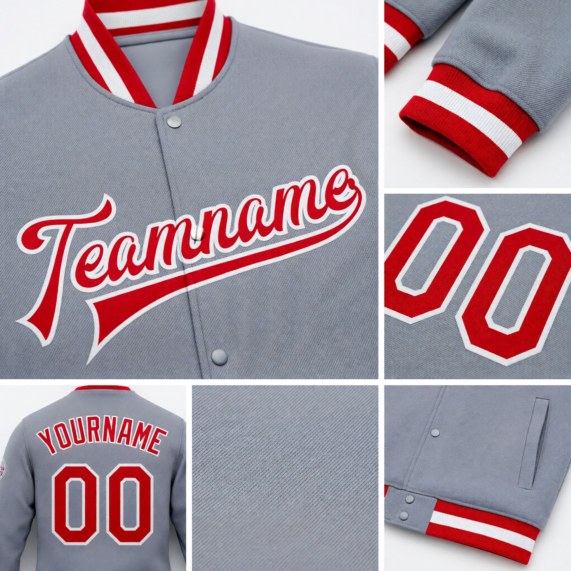 Custom Gray Red-White Bomber Full-Snap Varsity Letterman Jacket detail