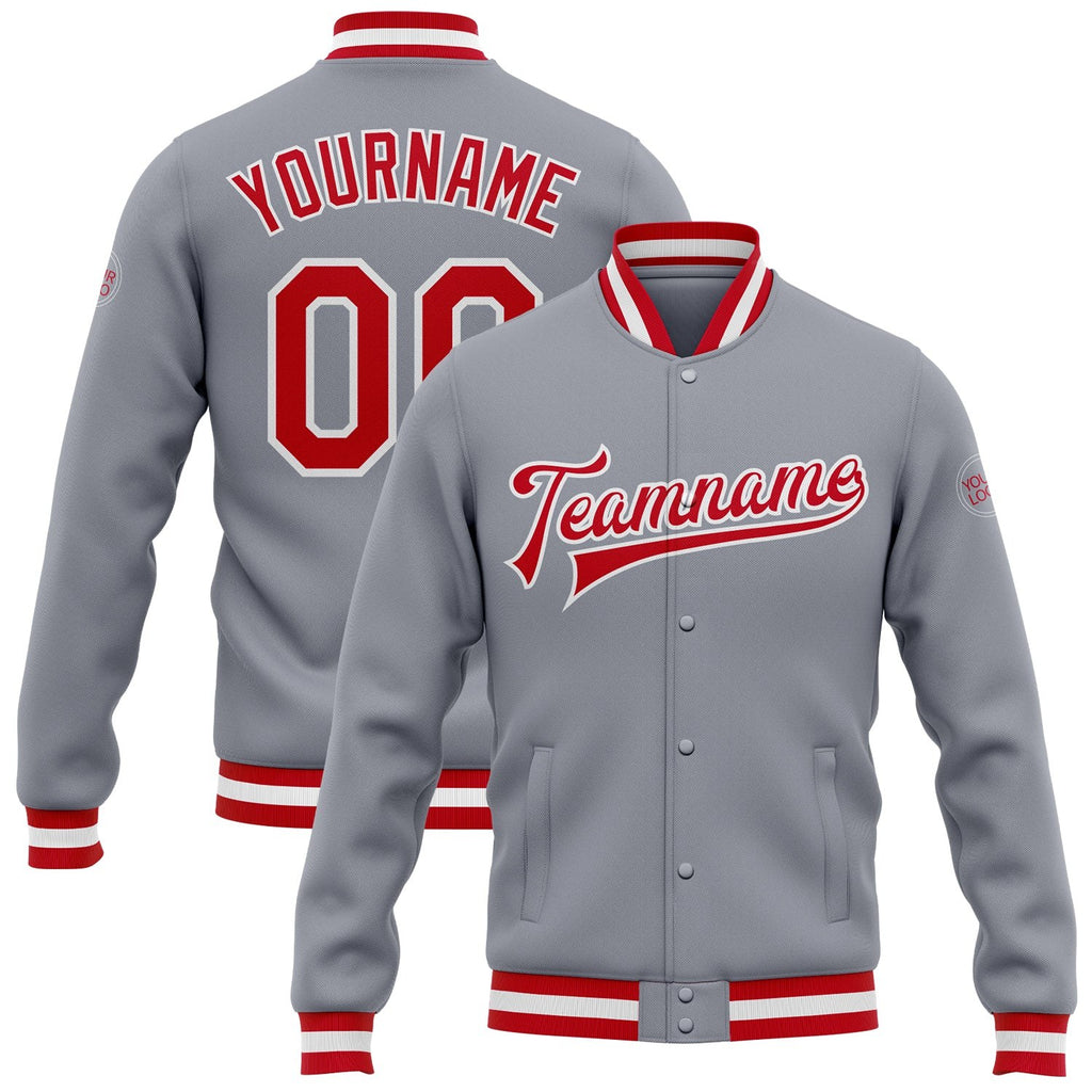 Custom Gray Red-White Bomber Full-Snap Varsity Letterman Jacket photo 1