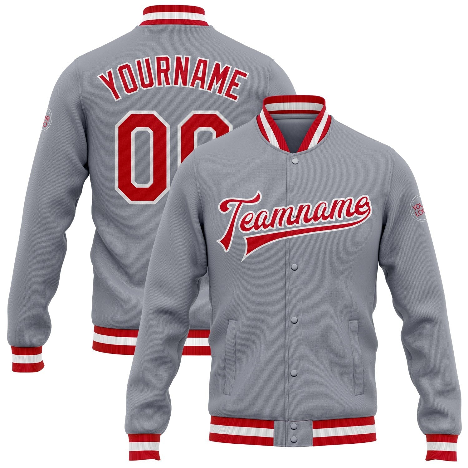Custom Gray Red-White Bomber Full-Snap Varsity Letterman Jacket photo 1