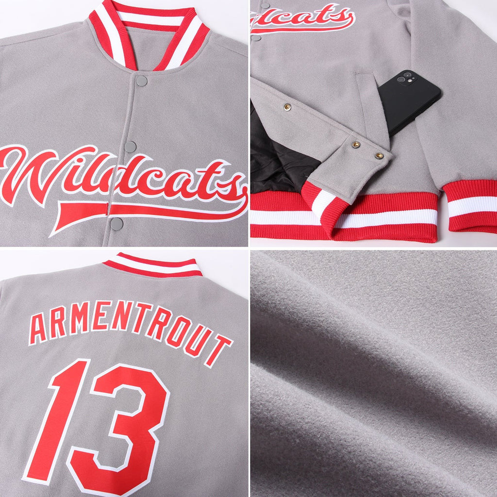 Custom Gray Red-White Bomber Full-Snap Varsity Letterman Jacket photo 4