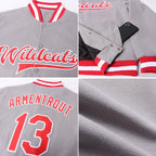 Custom Gray Red-White Bomber Full-Snap Varsity Letterman Jacket photo 4