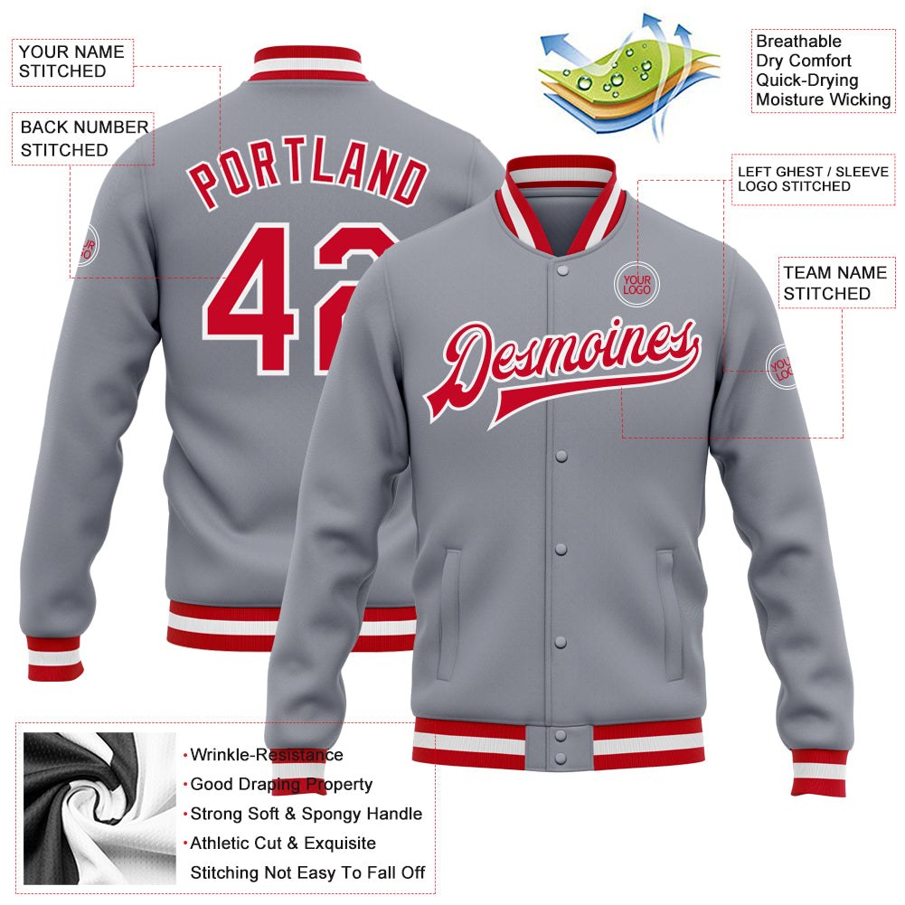 Custom Gray Red-White Bomber Full-Snap Varsity Letterman Jacket photo 5