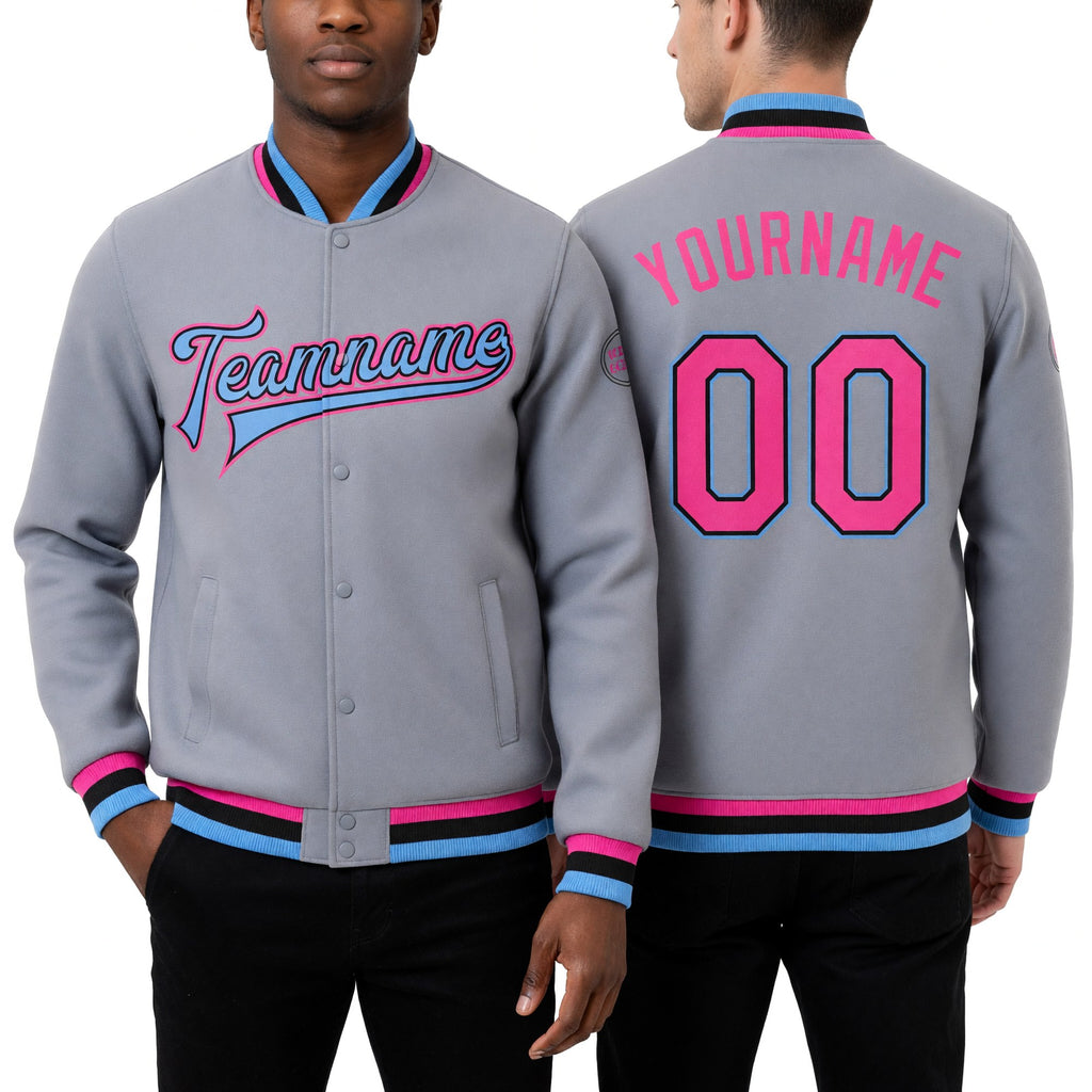 Custom Gray Pink Black-Light Blue Bomber Full-Snap Varsity Letterman Jacket worn front and back