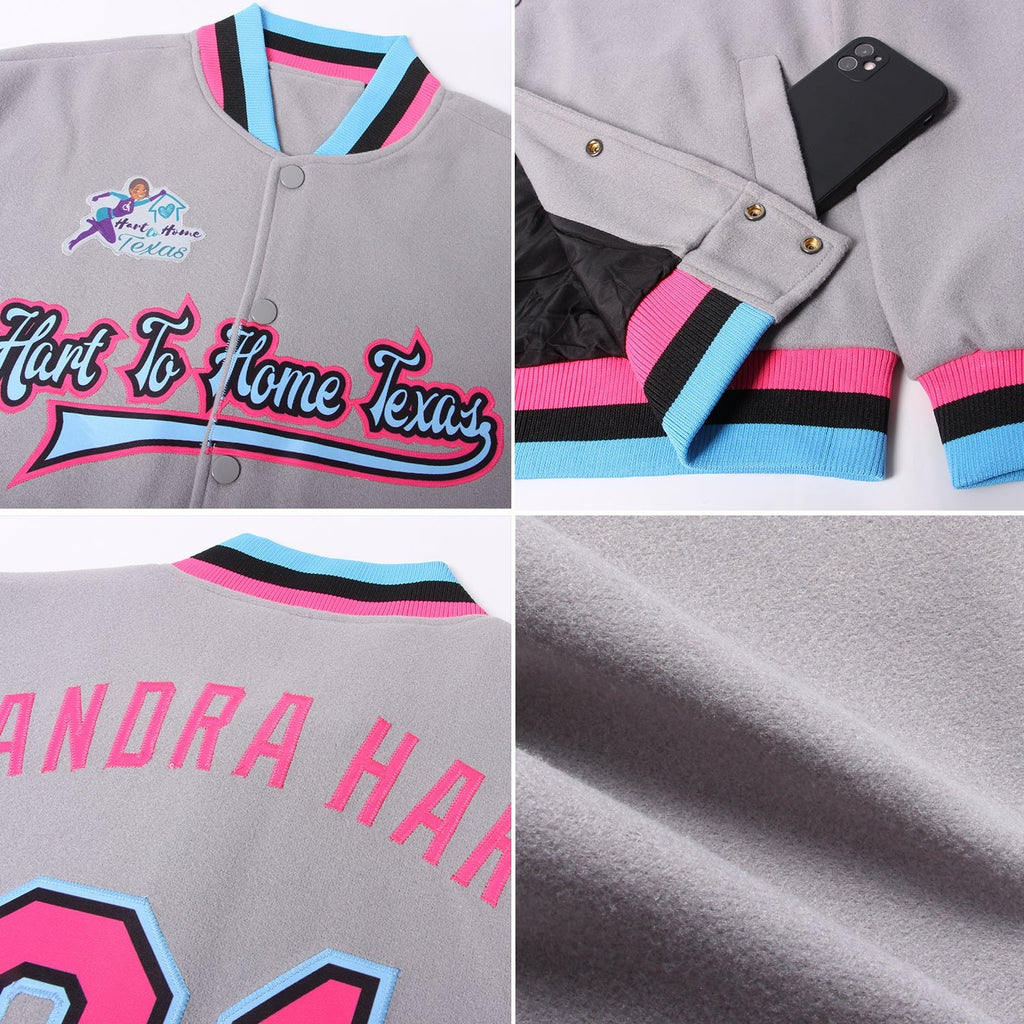 Custom Gray Pink Black-Light Blue Bomber Full-Snap Varsity Letterman Jacket photo 4