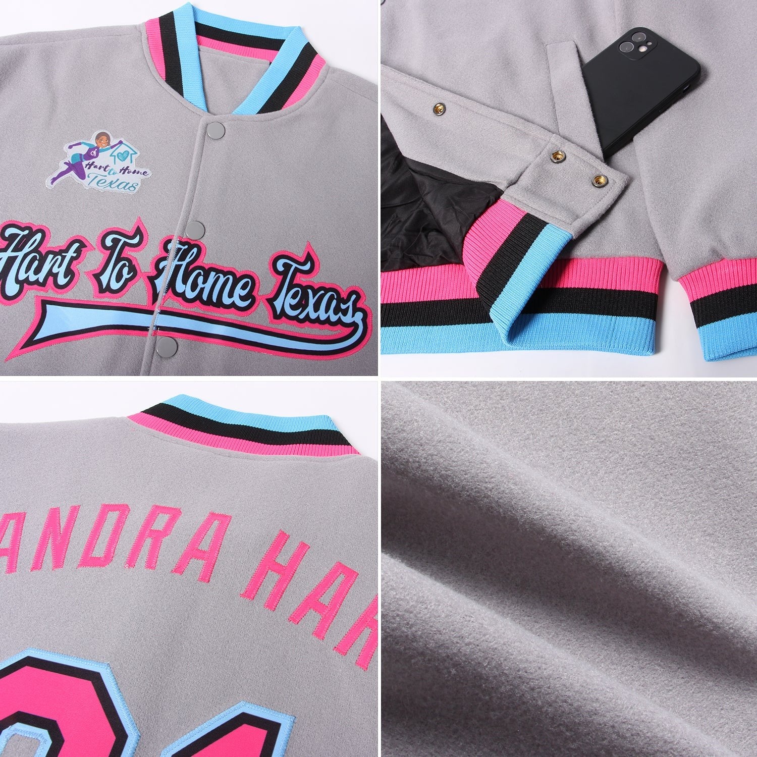 Custom Gray Pink Black-Light Blue Bomber Full-Snap Varsity Letterman Jacket photo 4