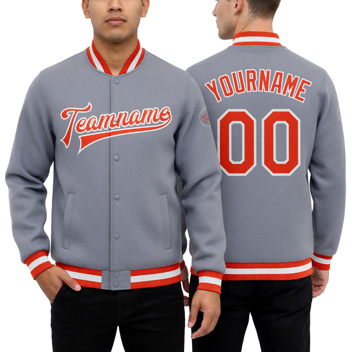 Custom Gray Orange-White Bomber Full-Snap Varsity Letterman Jacket worn front and back