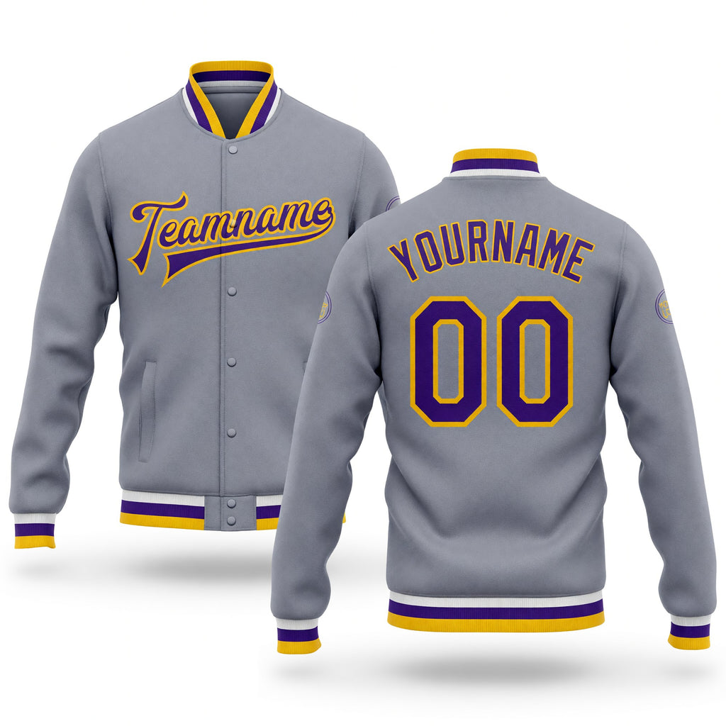 Custom Gray Purple-Gold Bomber Full-Snap Varsity Letterman Jacket