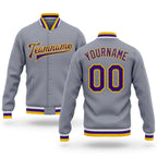 Custom Gray Purple-Gold Bomber Full-Snap Varsity Letterman Jacket