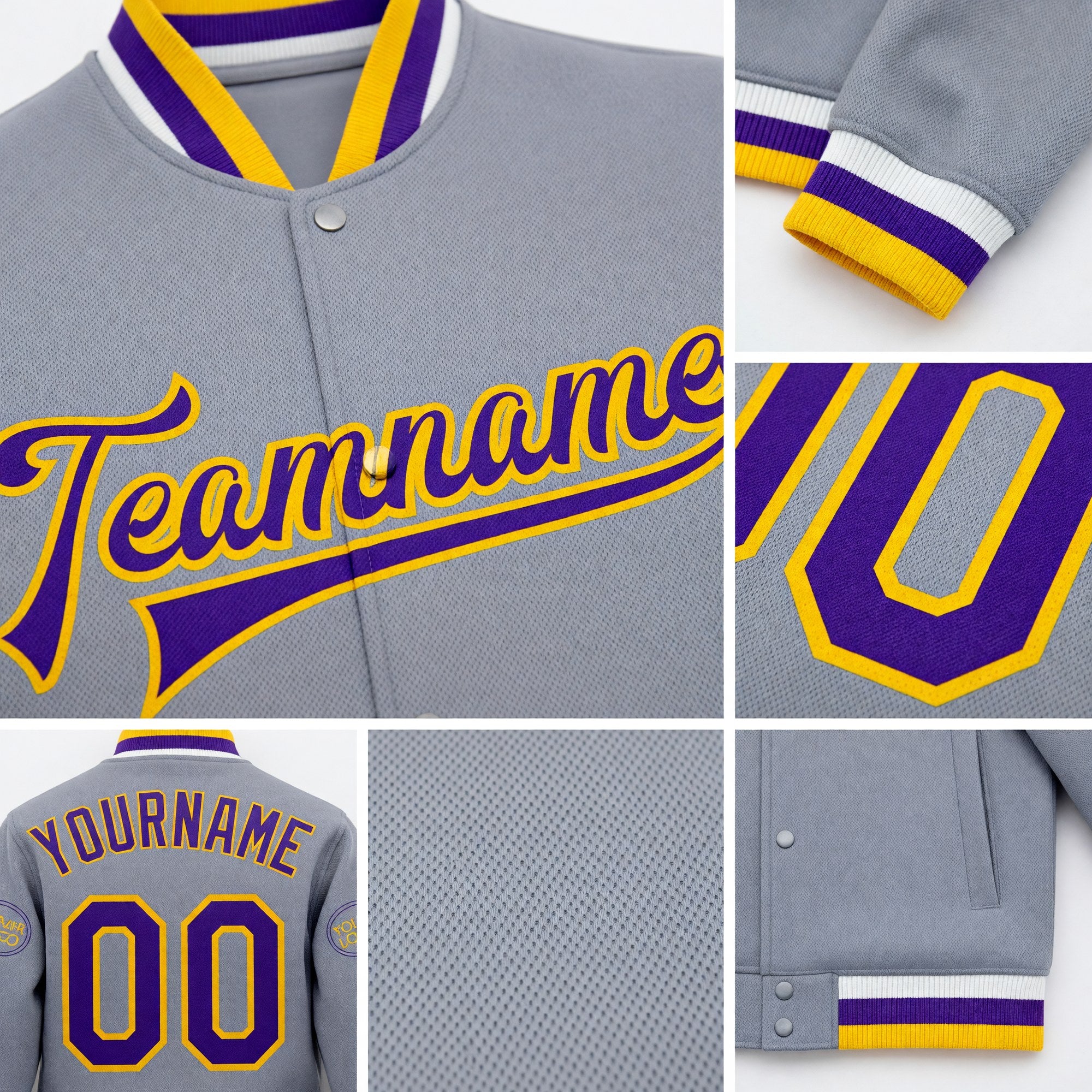 Custom Gray Purple-Gold Bomber Full-Snap Varsity Letterman Jacket detail