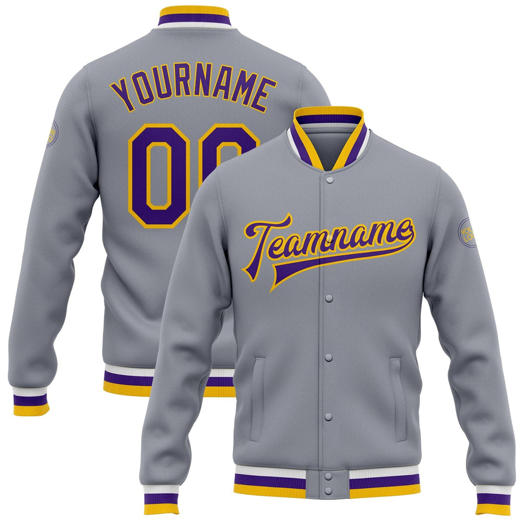Custom Gray Purple-Gold Bomber Full-Snap Varsity Letterman Jacket photo 1