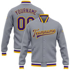 Custom Gray Purple-Gold Bomber Full-Snap Varsity Letterman Jacket photo 1