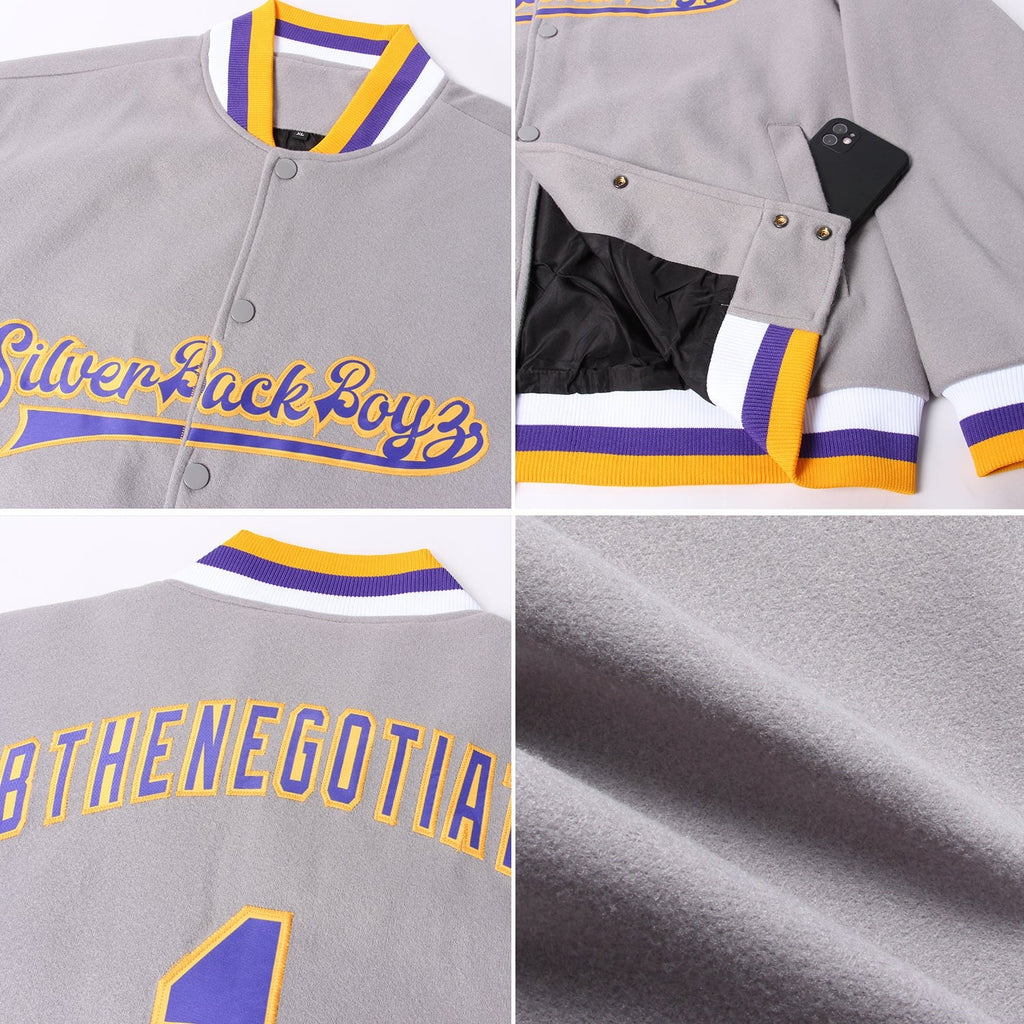 Custom Gray Purple-Gold Bomber Full-Snap Varsity Letterman Jacket photo 4